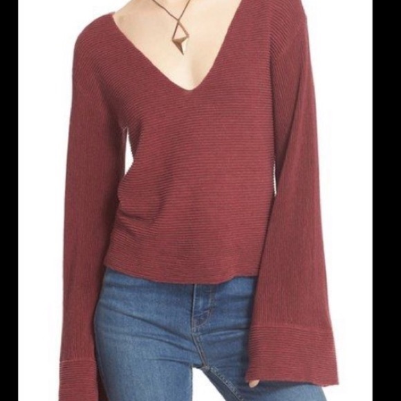 Free People Burgundy Starman Ribbed V Neck Bell Sleeve Sweater - Picture 1 of 6